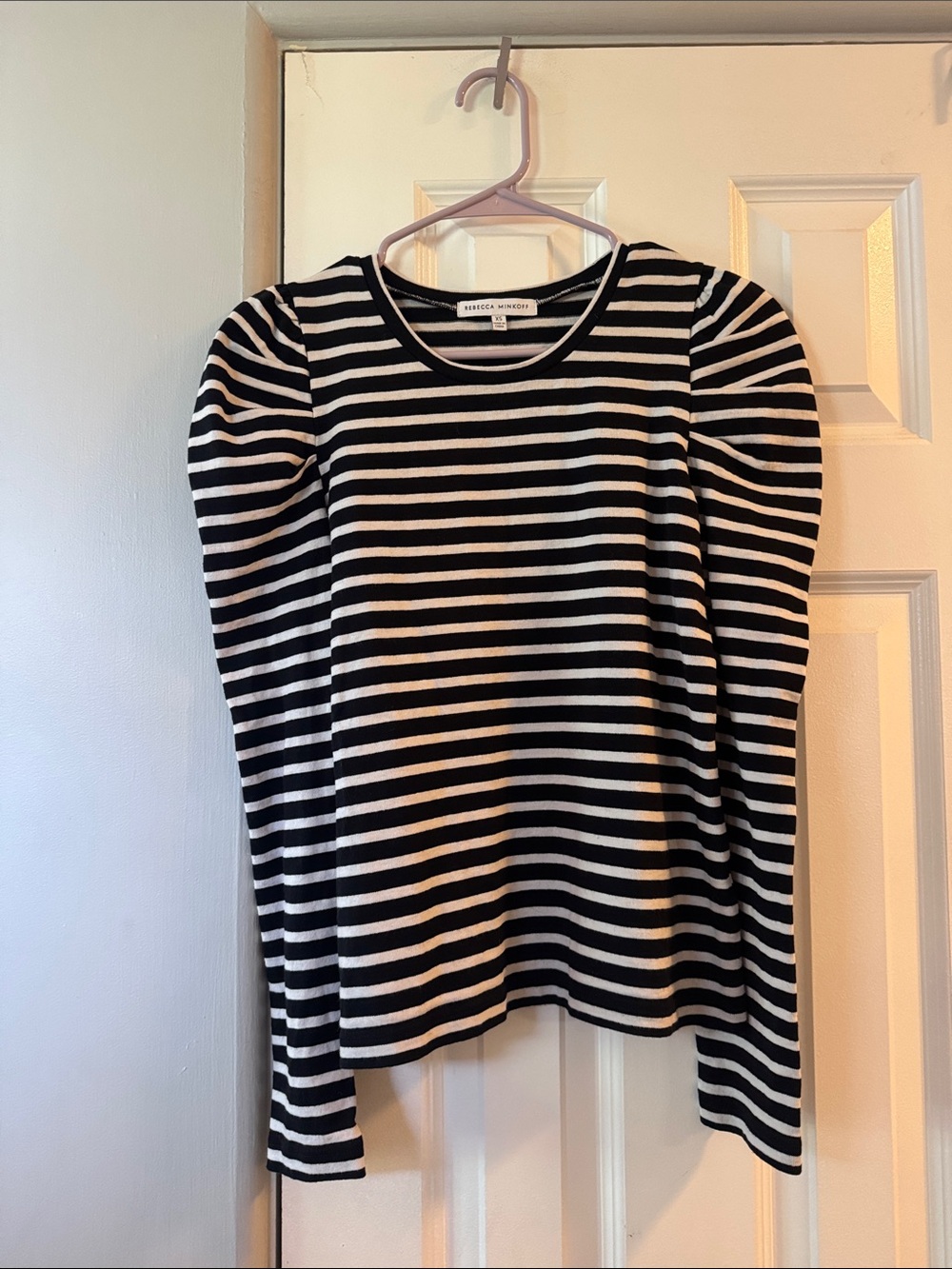 Rebecca Minkoff Black & White Striped Puff-Sleeve Long Sleeve Top